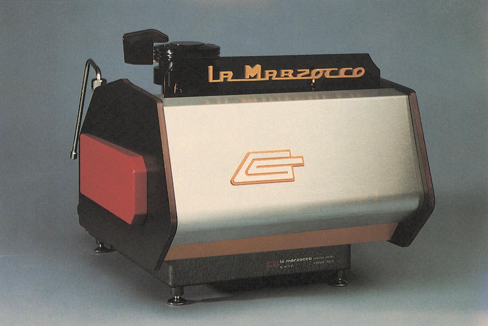 Vintage photo of a La Marzocco espresso machine on a plain background.