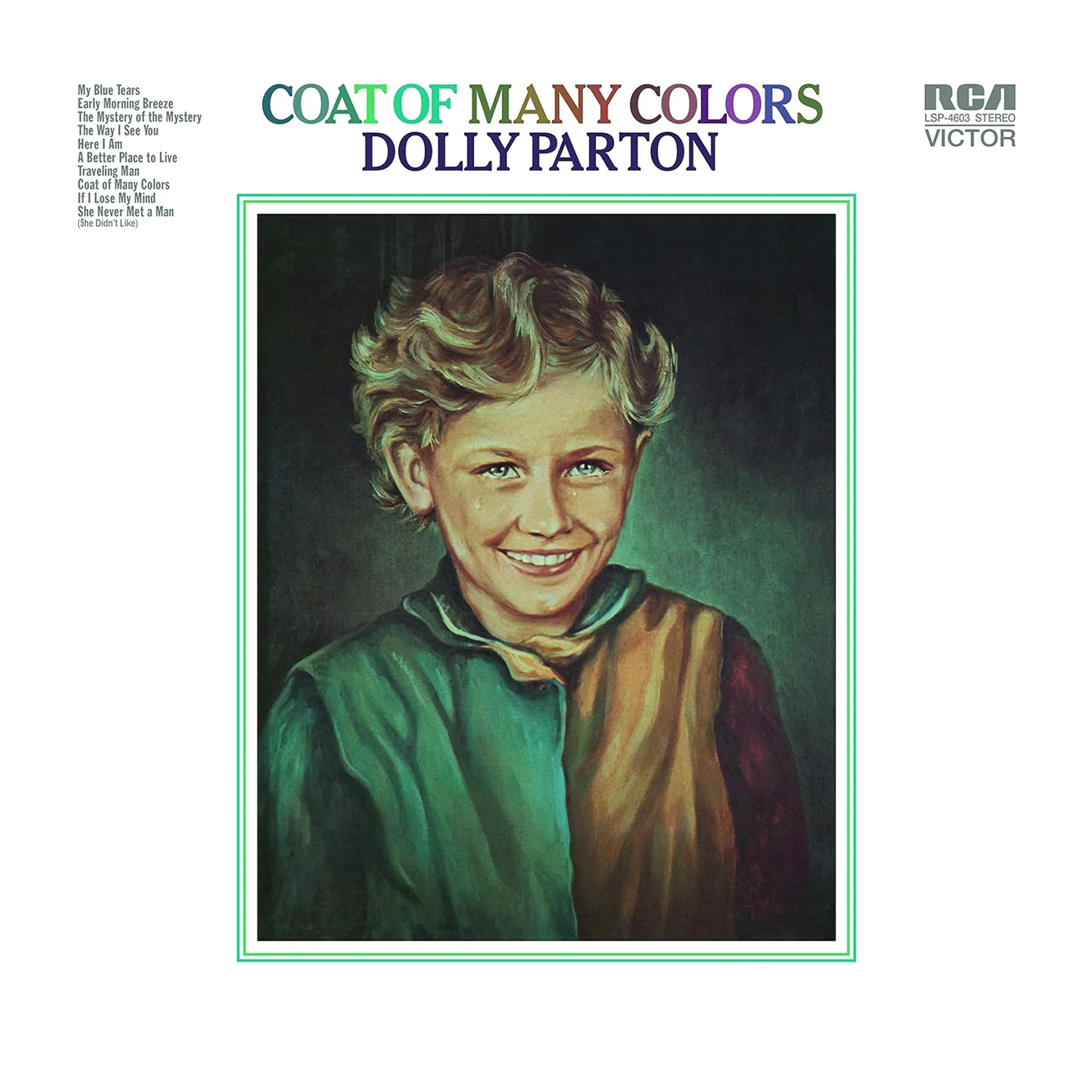 The album cover for Dolly Parton's Coat of Many Colors on RCA Victor, featuring a painted portrait of a smiling child in a multicolored garment.