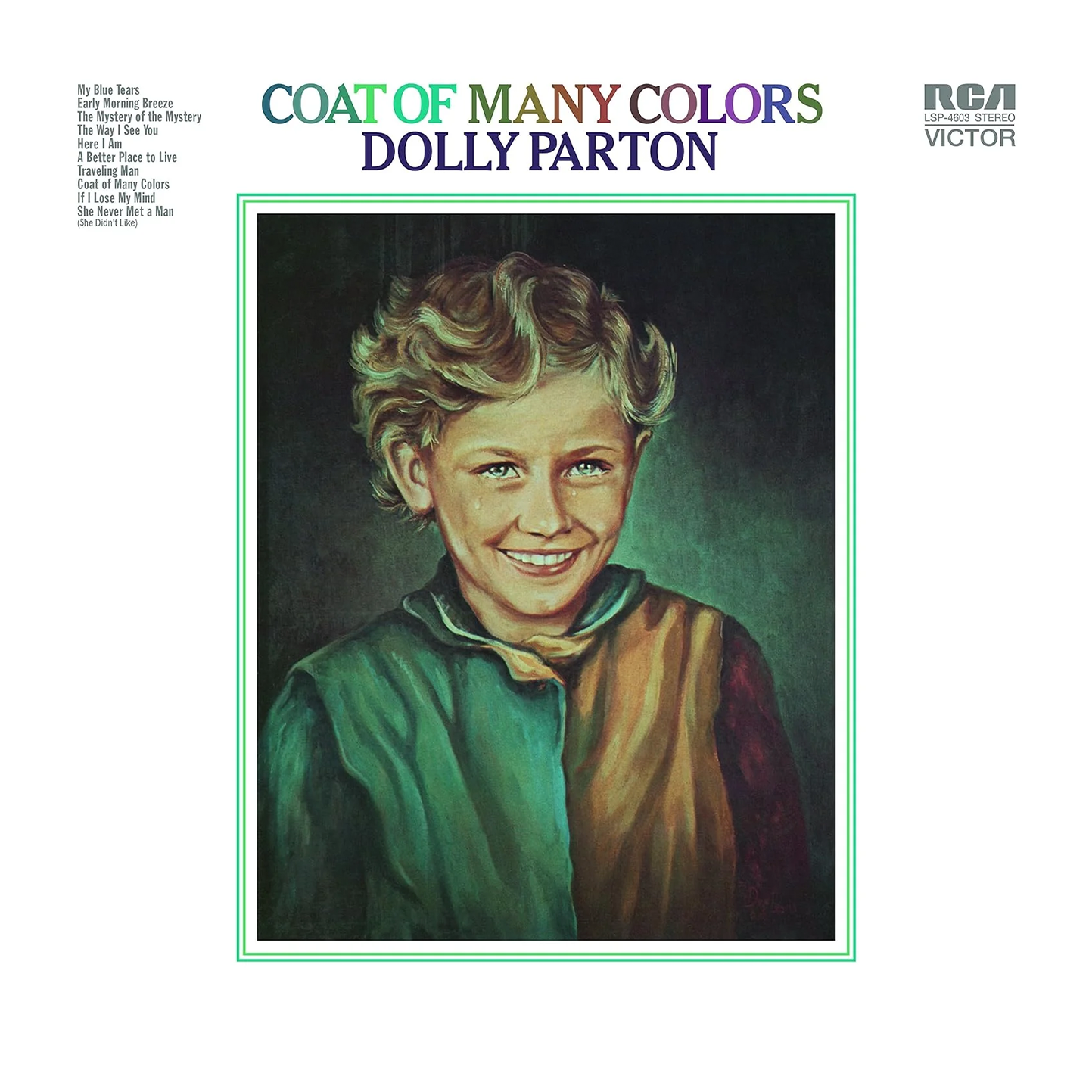 The album cover for Dolly Parton's Coat of Many Colors on RCA Victor, featuring a painted portrait of a smiling child in a multicolored garment.