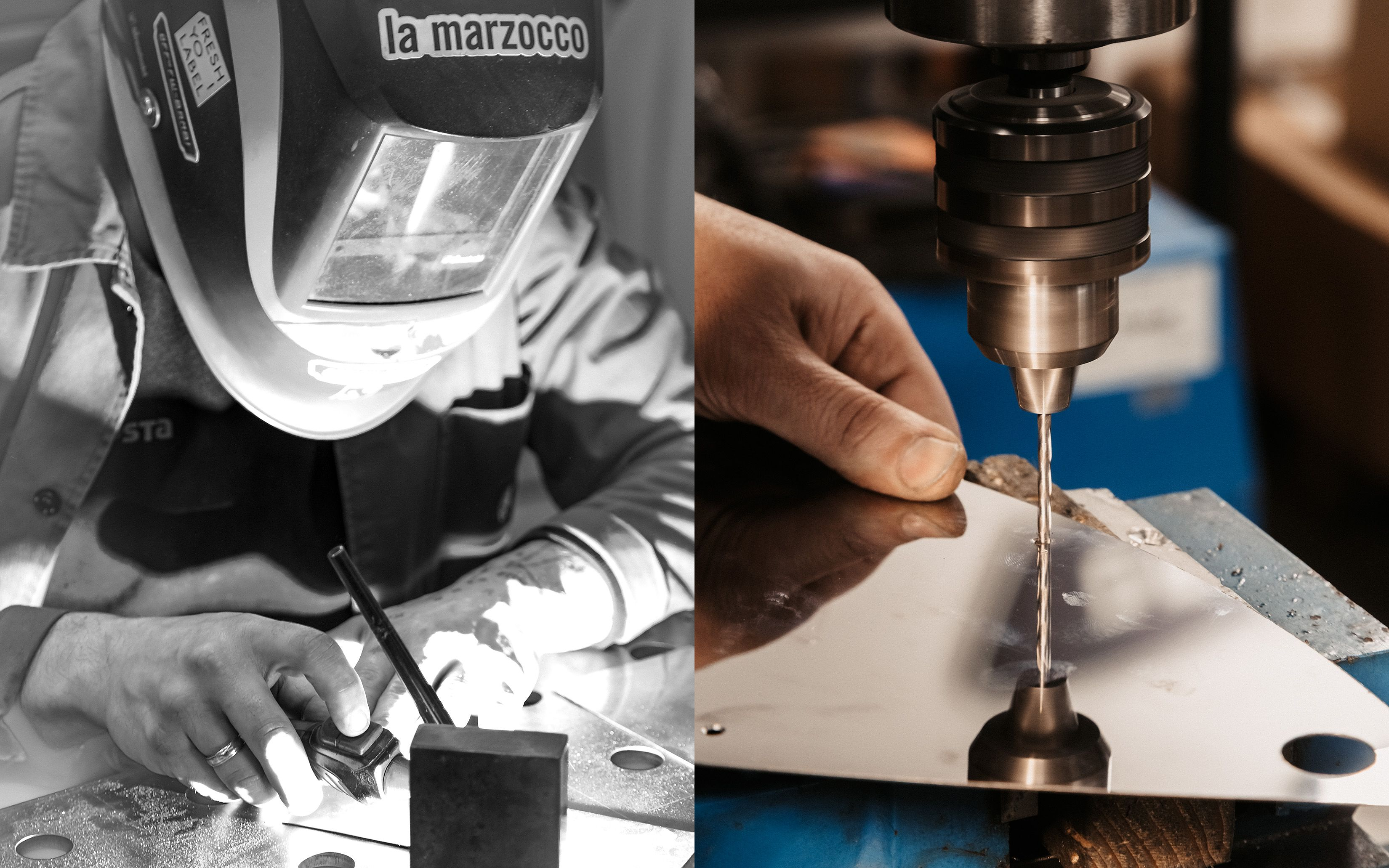 Two photos, one of a craftsperson in a helmet welding an espresso machine component, another of a close-up of precision drilling a metal component for an espresso machine.