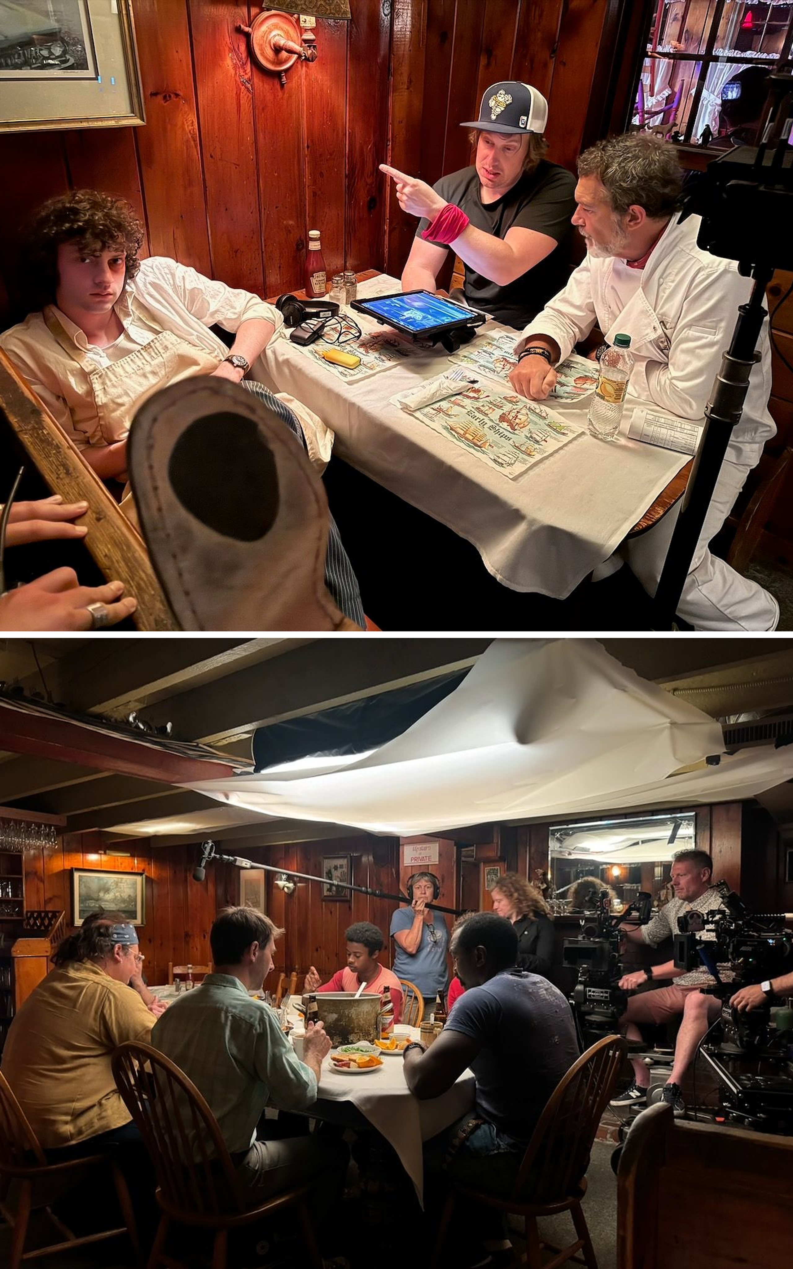 Two behind the scenes photos of the cast and crew of Tony.