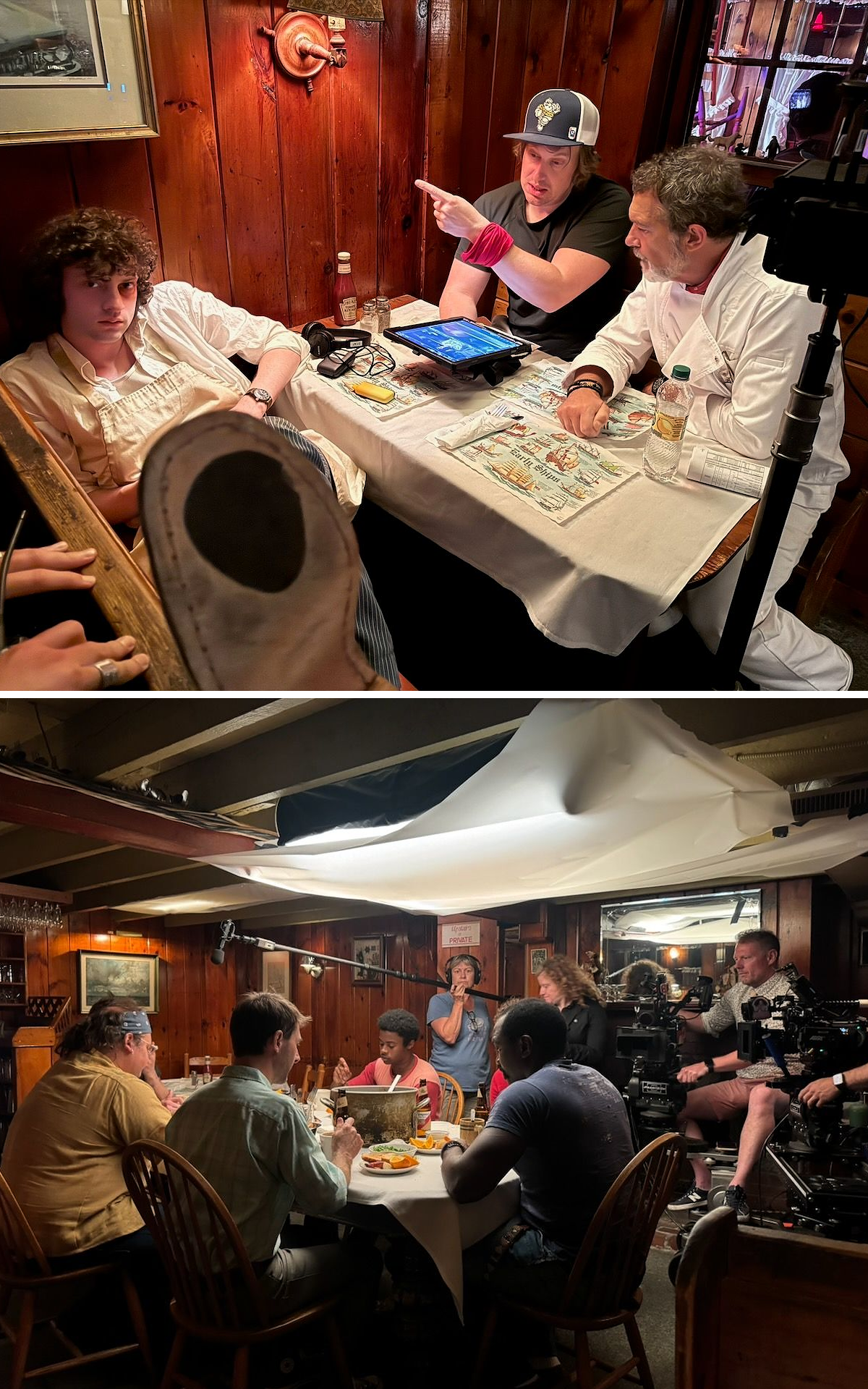 Two behind the scenes photos of the cast and crew of Tony.