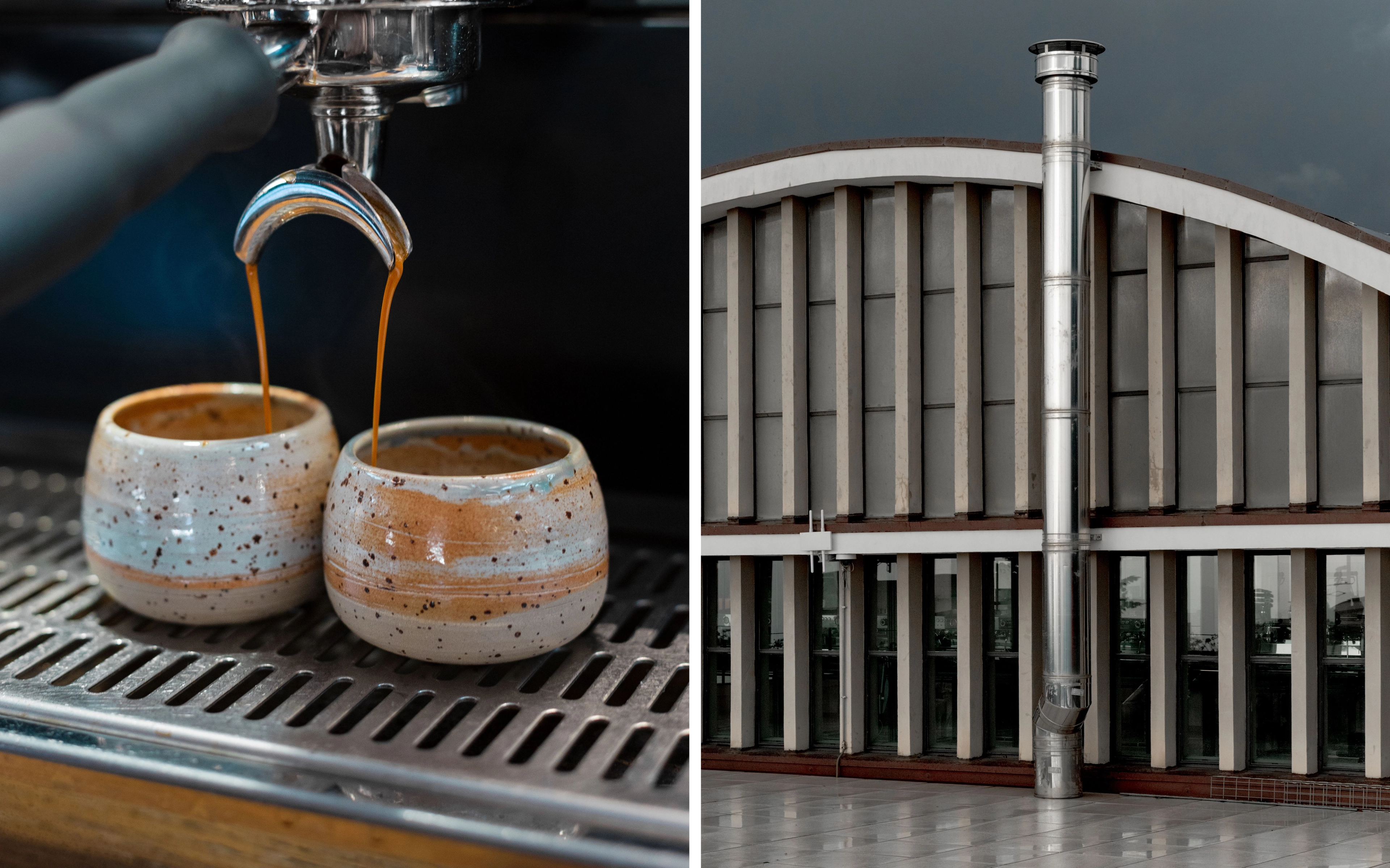 Two photos, one of two cups being filled with coffee from an espresso machine, the other of the curved facade of a building.