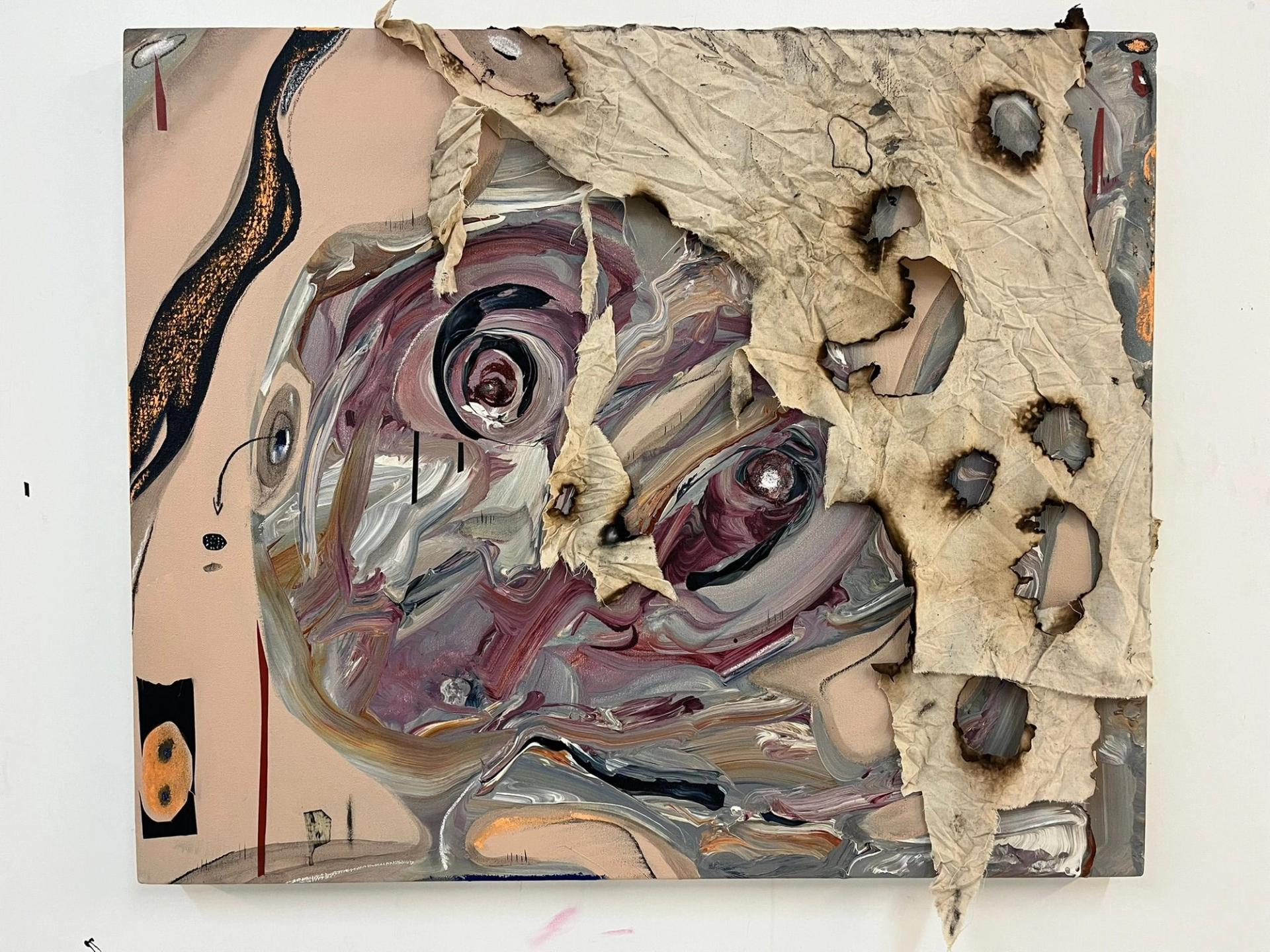Abstract portrait in swirling mauve, gray, and cream brushstrokes, partially obscured by scorched, torn fabric draped across the canvas.