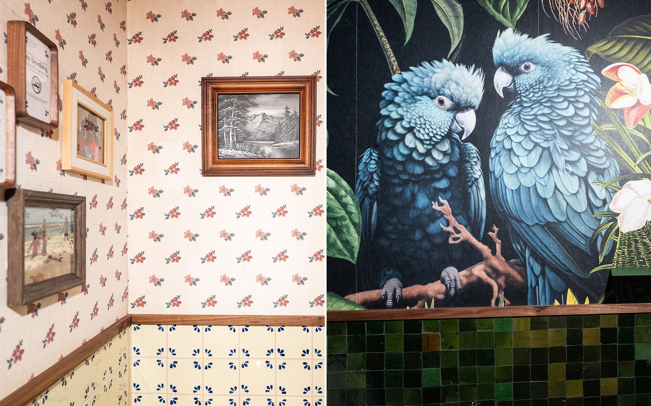 Two photos, one of a wallpapered room with framed artwork and one of a green-tiled room with a mirror and a mural of blue parrots.