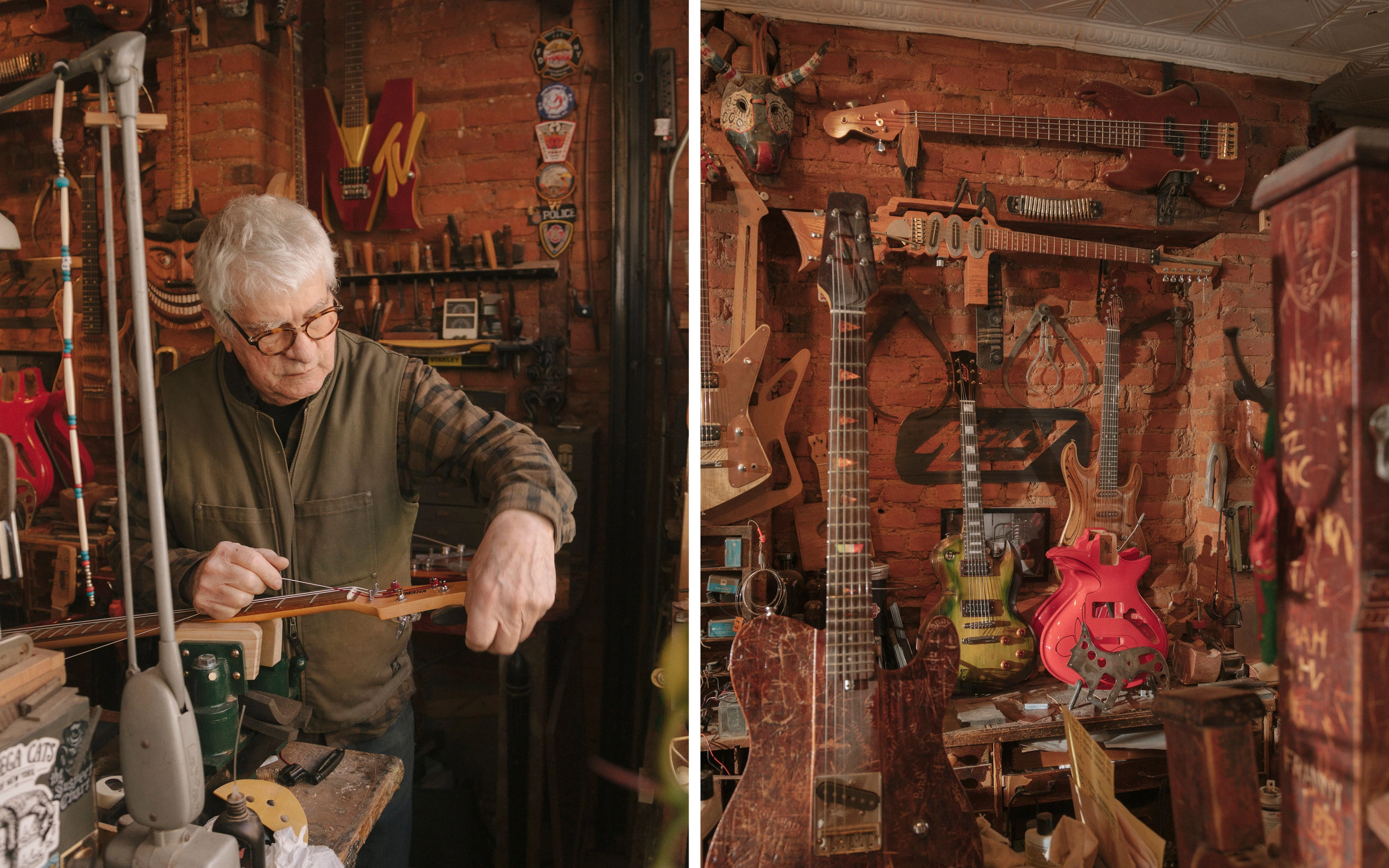 Diptych showing guitar maker at work alongside densely packed workshop filled with custom instruments.