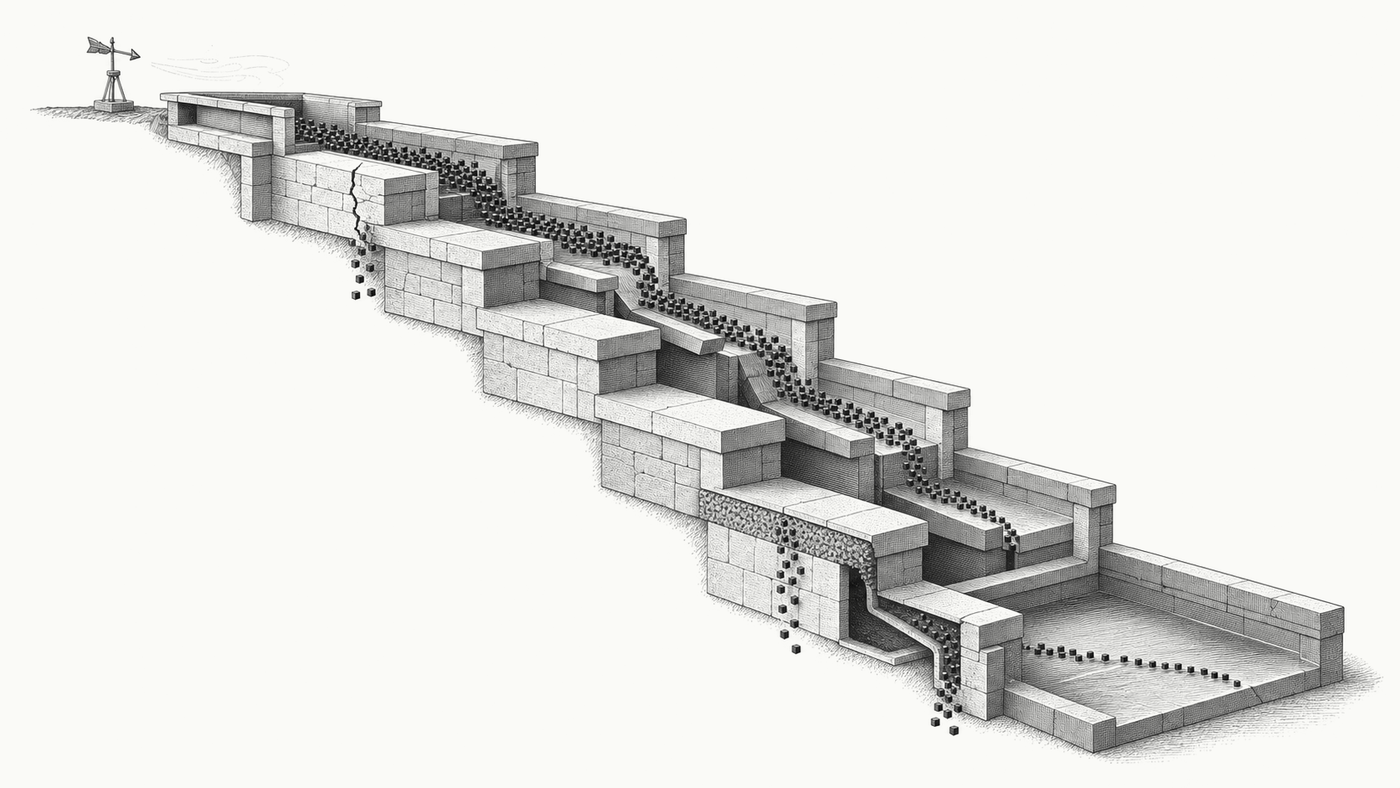 A five-terrace stone channel loses square traffic grains through cracks and side openings before reaching a final reservoir.