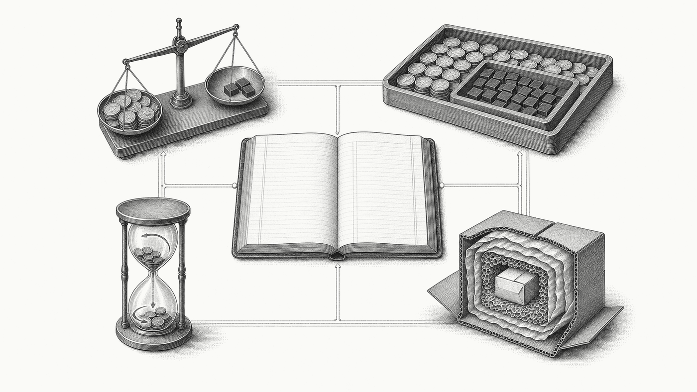 An open ledger connects a coin balance, nested counting trays, a layered parcel cutaway, and a coin-filled hourglass.