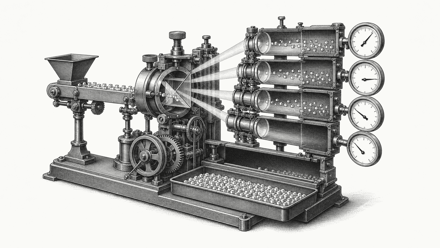 A mechanical comparator splits one stream of orders across four gauges, each showing a different reading.