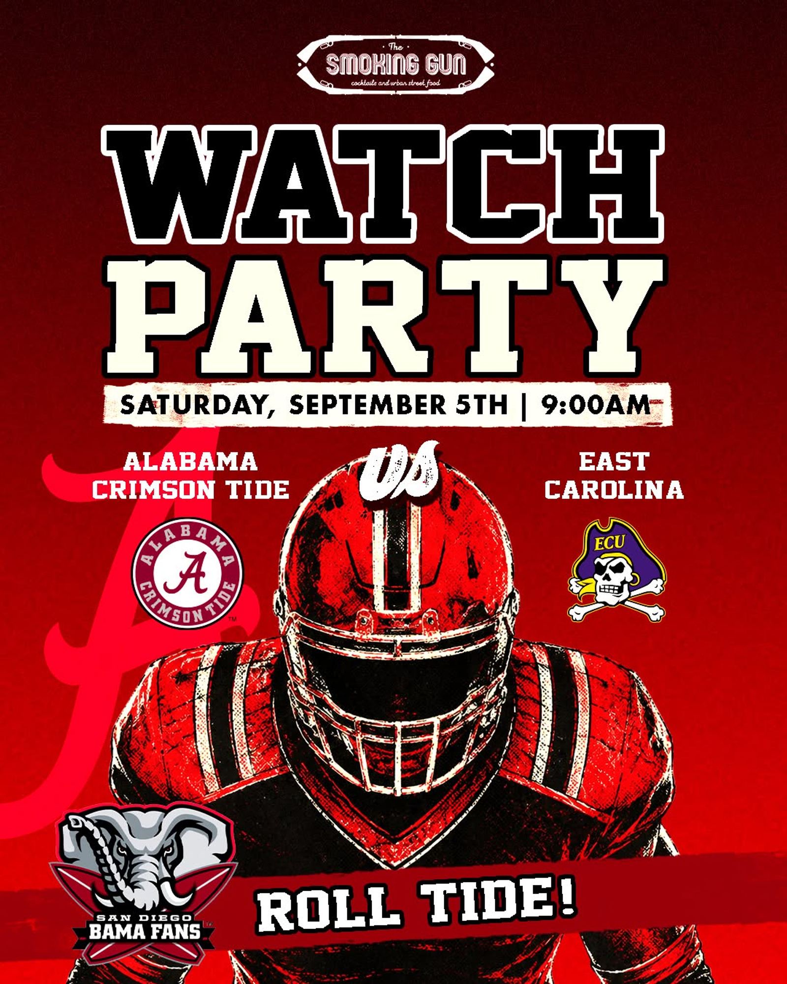 Watch party flyer: Alabama Crimson Tide versus East Carolina, Saturday September 5th at 9:00am, at The Smoking Gun