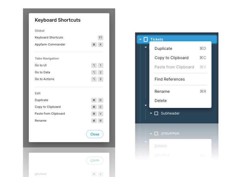 Keyboard shortcuts Appfarm Create