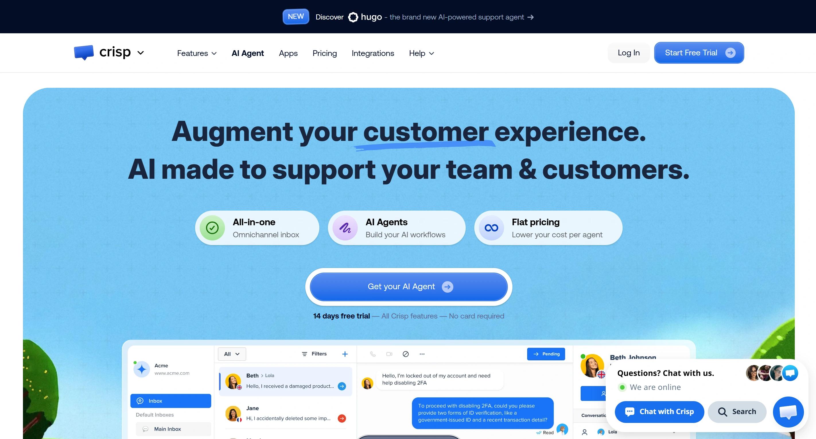 Crisp homepage showing its omnichannel inbox, AI agents and flat per-workspace pricing