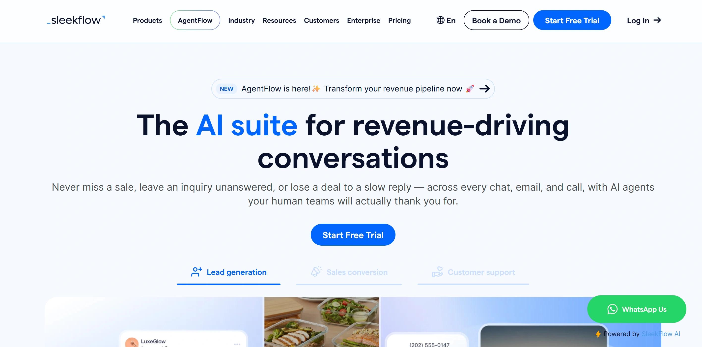 SleekFlow homepage showing AgentFlow AI suite with lead generation, sales conversion and support tabs