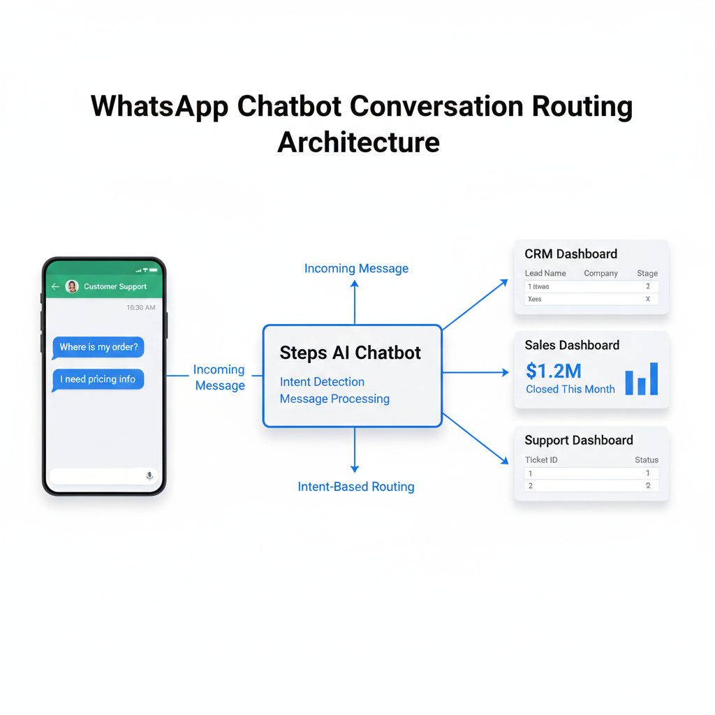 WhatsApp chatbot conversation routing architecture showing Steps AI Chatbot detecting intent and routing incoming messages to CRM, sales, and support dashboards