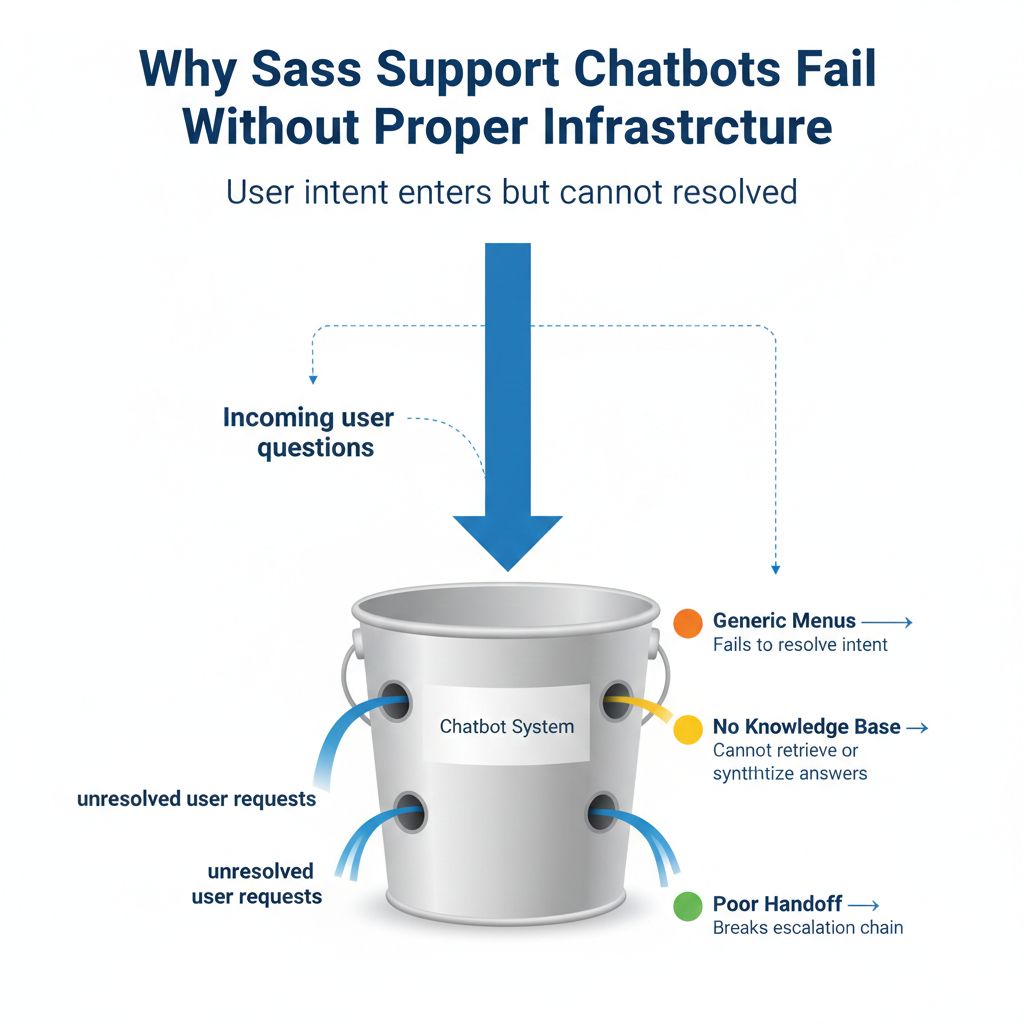 Diagram showing SaaS support chatbot failure caused by generic menus, missing knowledge base, and poor escalation handoff resulting in unresolved user requests
