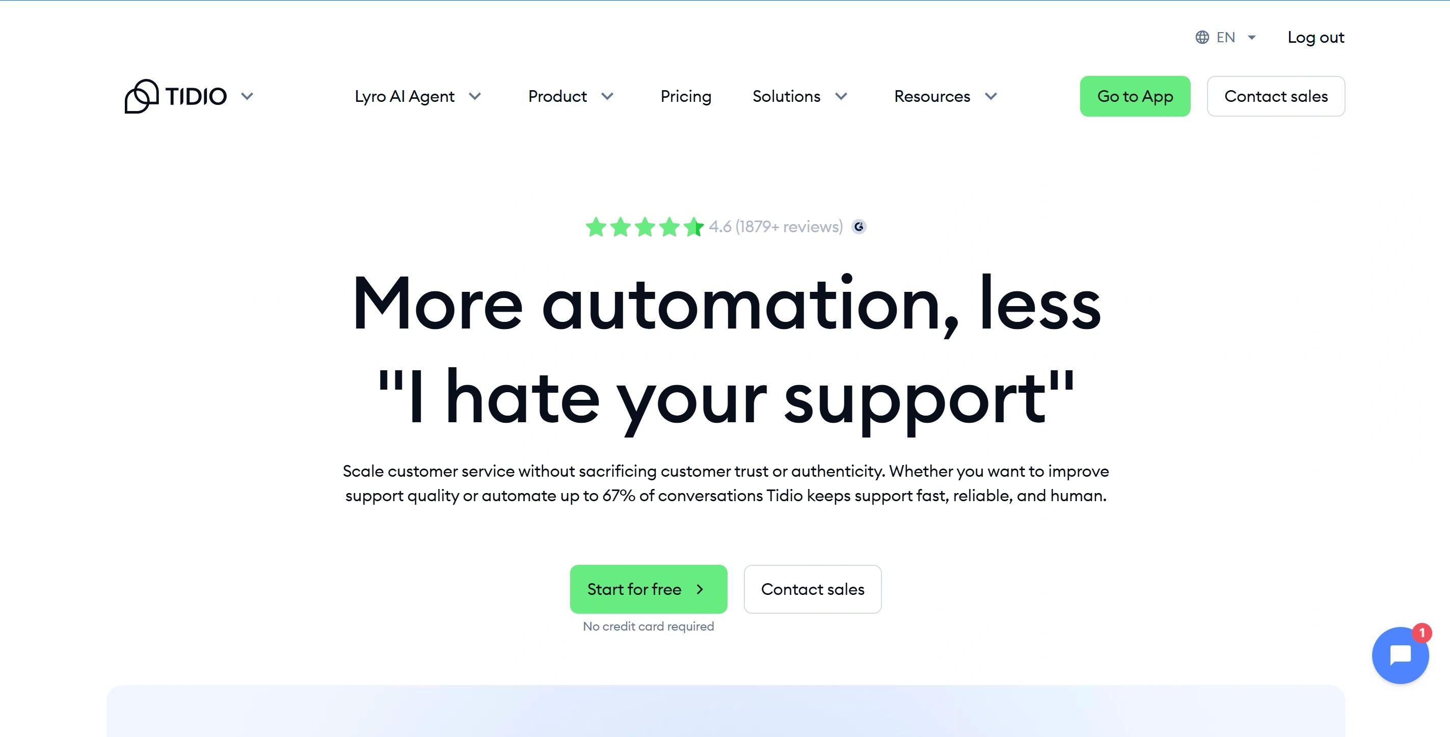 Tidio homepage promoting Lyro AI Agent and automating up to 67% of customer support conversations