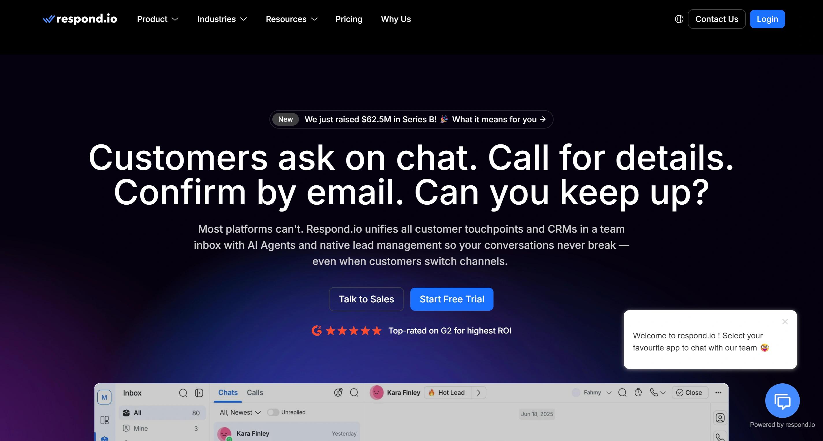 Respond.io homepage showing its multi-channel team inbox with a WhatsApp chat and hot lead tag