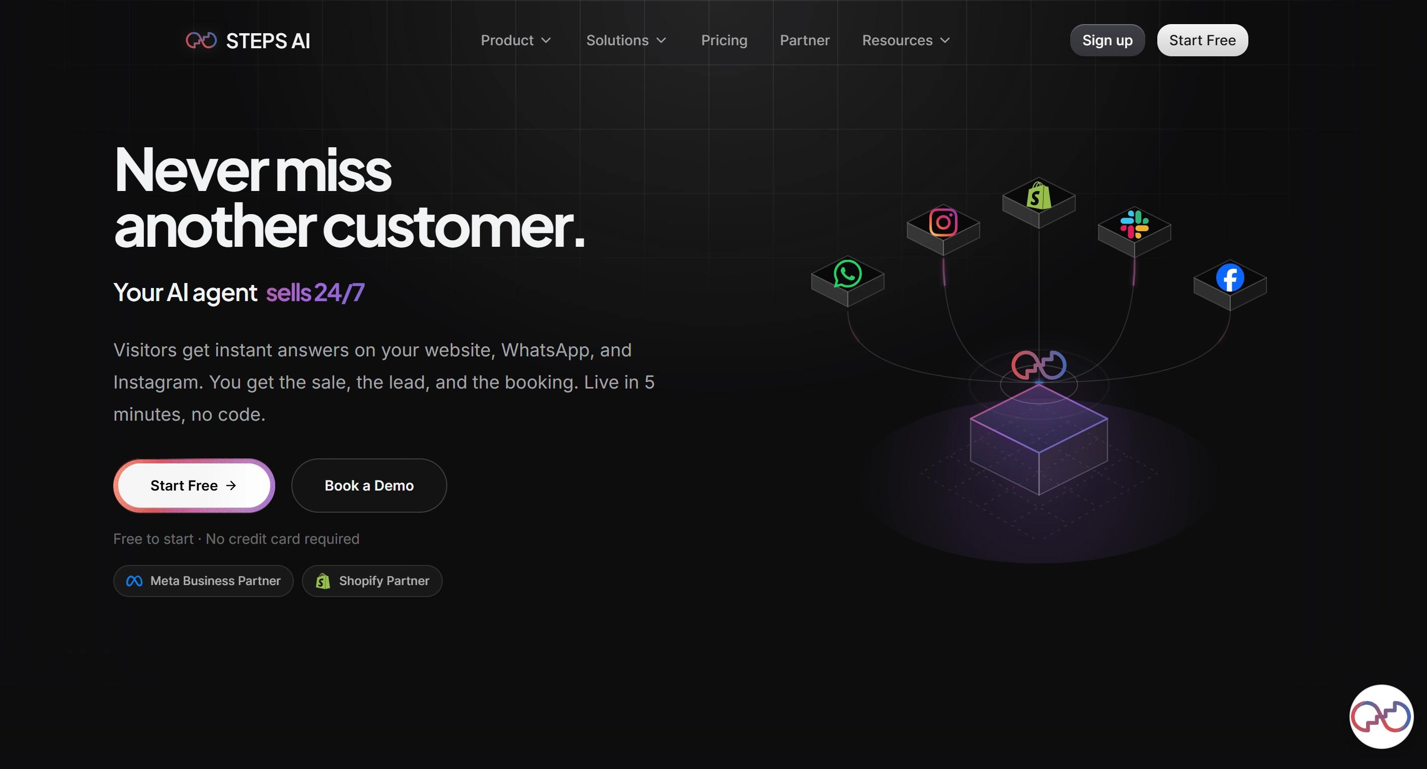 Steps AI homepage showing an AI agent that sells 24/7 across website, WhatsApp and Instagram
