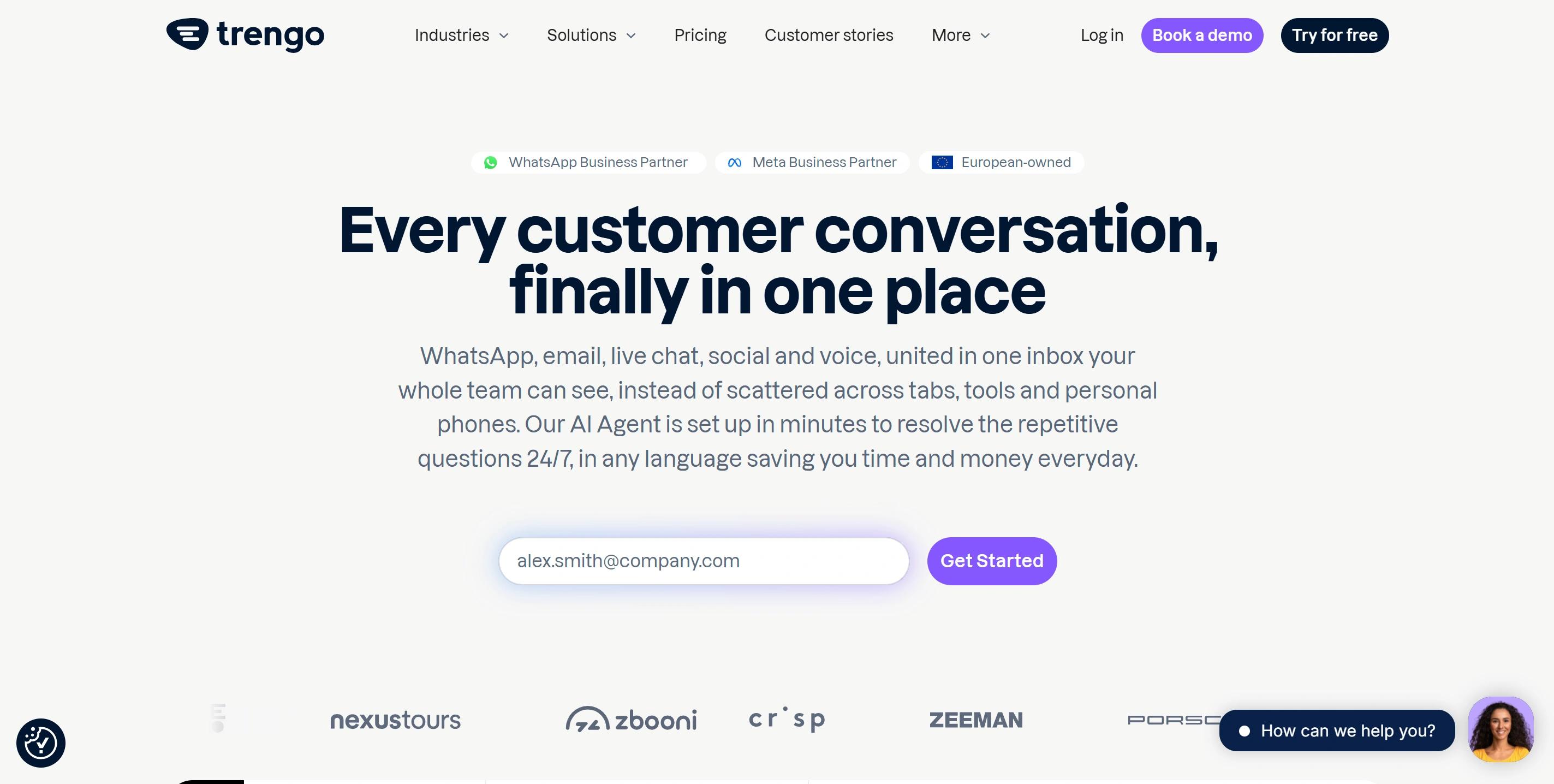 Trengo homepage showing WhatsApp, email, live chat and voice combined in one shared team inbox