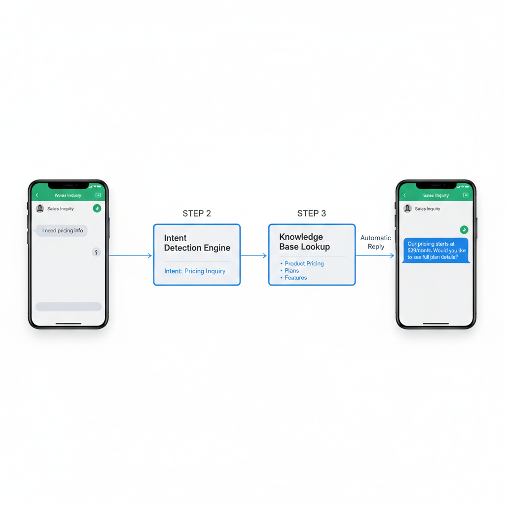 WhatsApp chatbot detecting pricing inquiry intent and generating automatic reply using knowledge base lookup and intent detection engine