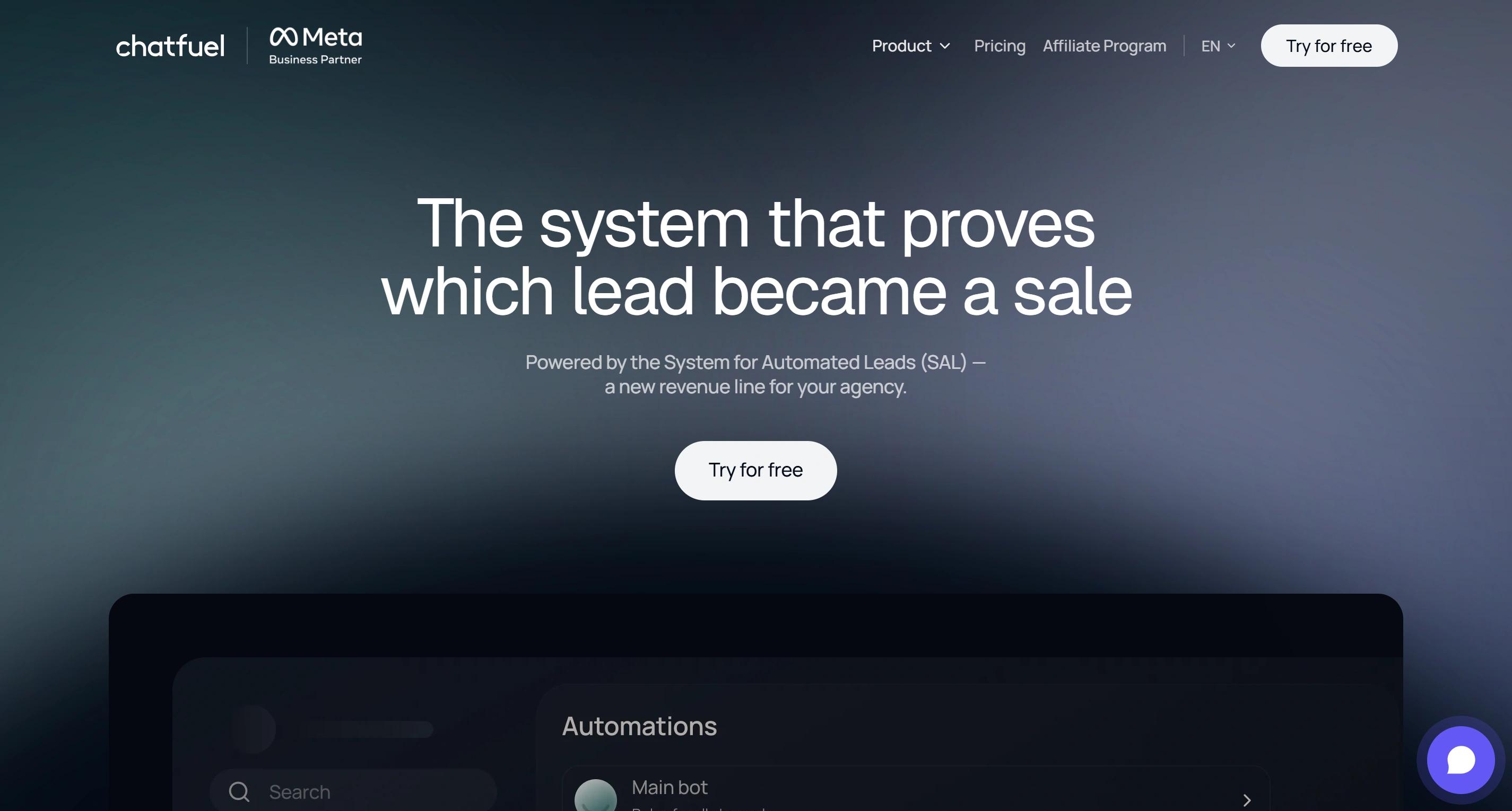 Chatfuel homepage showing its Meta Business Partner badge and automations dashboard for lead tracking