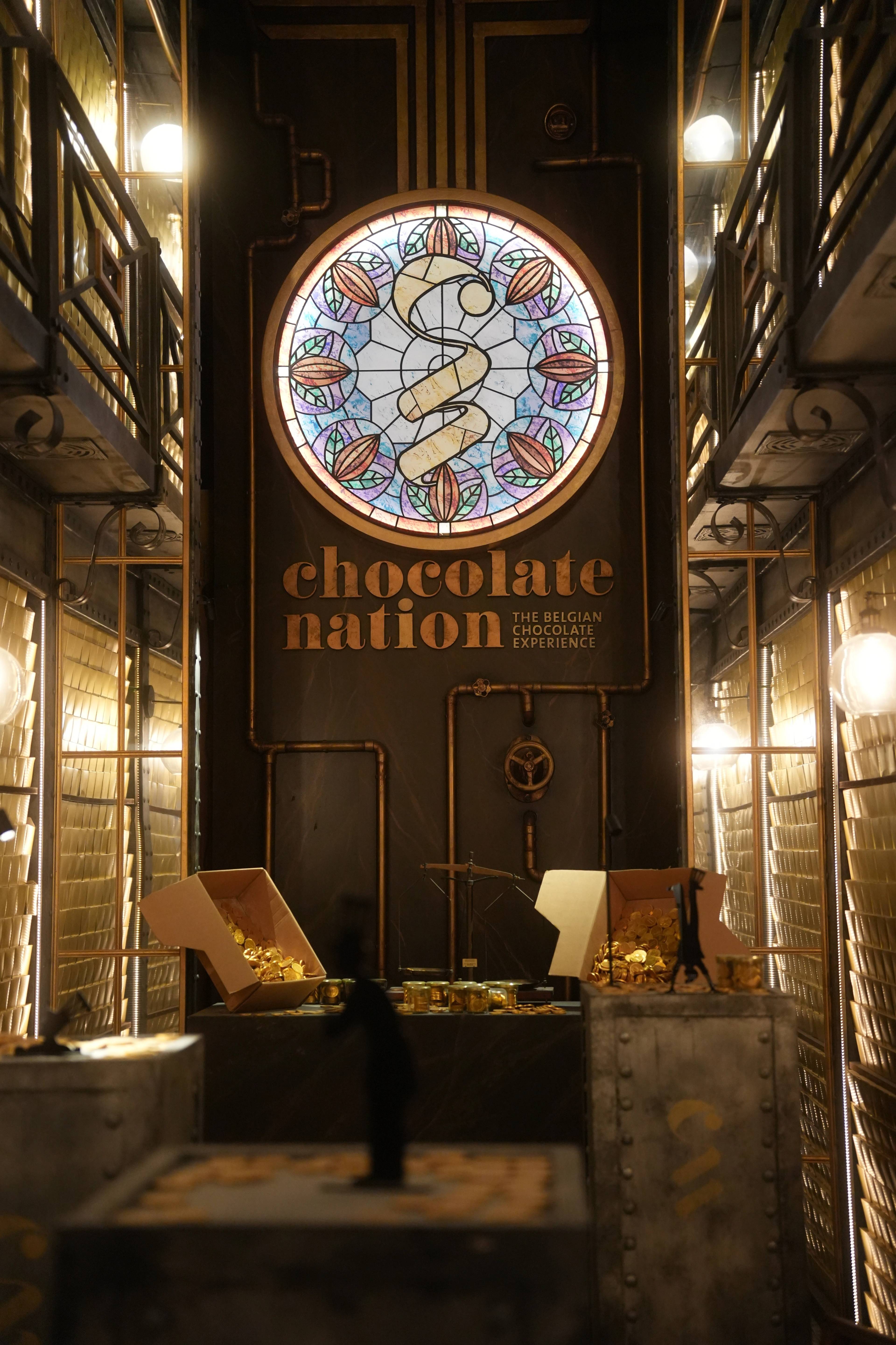 Stained-glass Chocolate Nation portal at the entrance to the Belgian Chocolate Experience