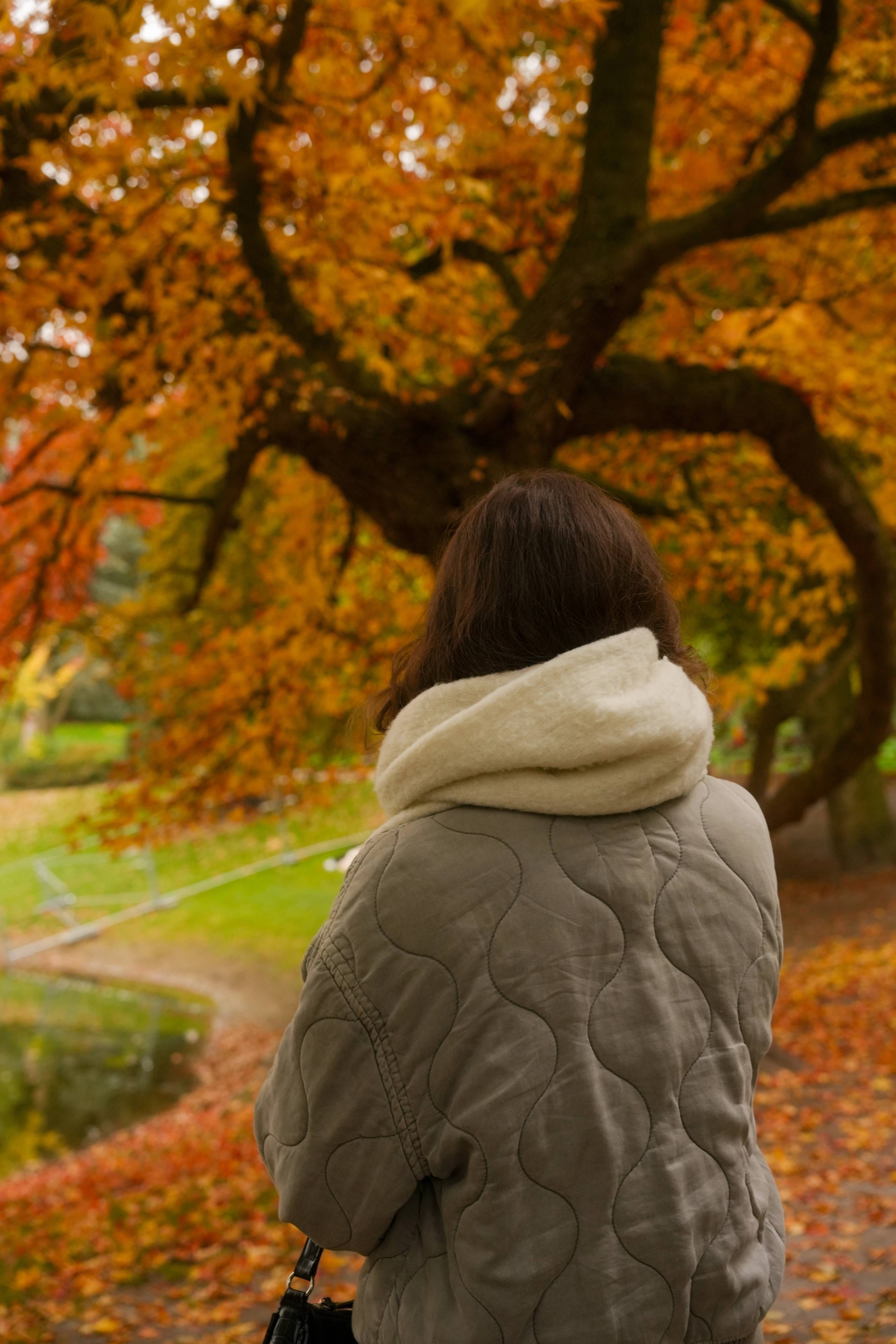 My girlfriend in a cream scarf walking under a vast autumn tree, leaves on the path
