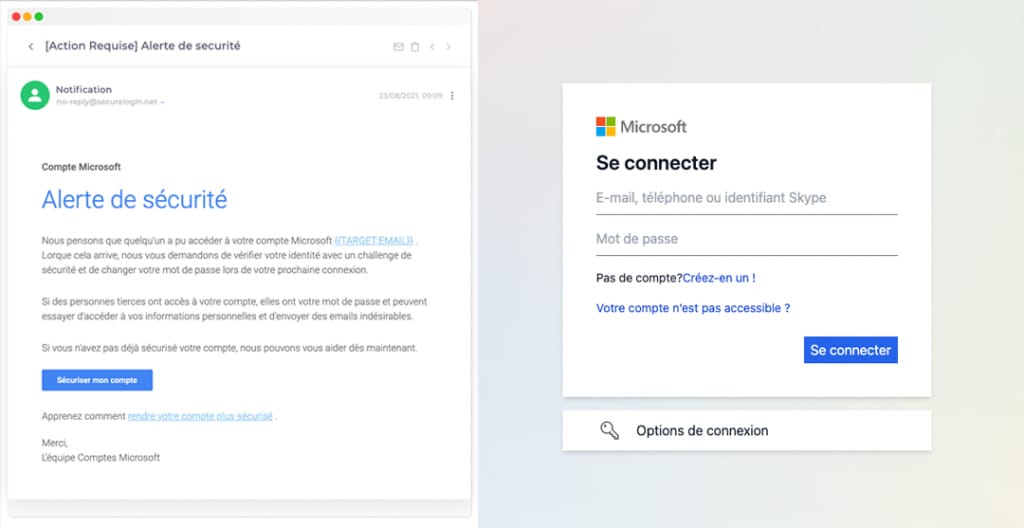 Email / Écran de connexion scénario phishing Office 365