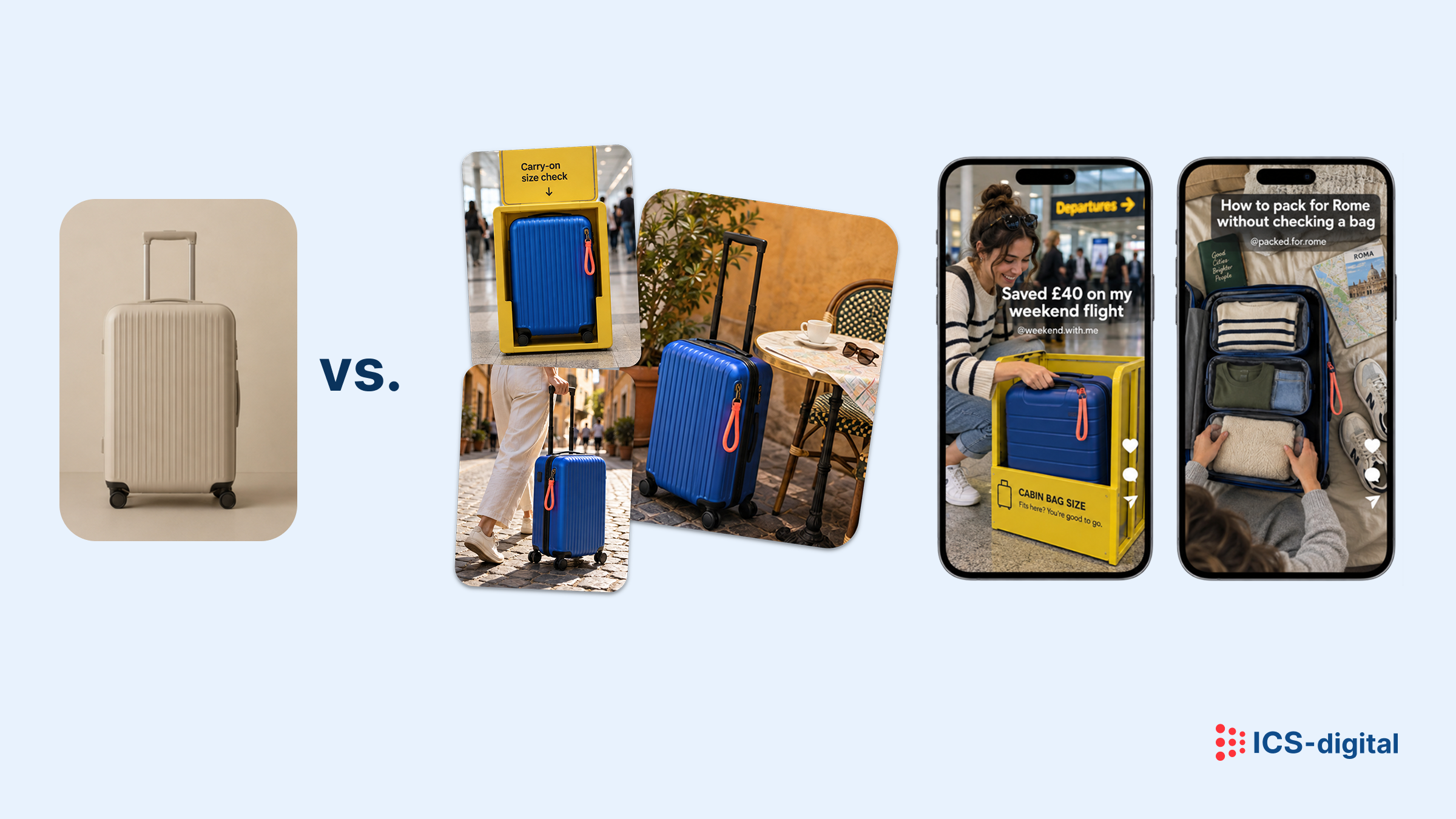 Comparison showing a generic product image versus more distinctive, context-rich creative for a luggage brand. On the left is a plain beige suitcase photographed alone against a neutral background. On the right, a distinctive blue suitcase with an orange zip pull repeatedly appears in travel situations: inside an airport carry-on size checker, being wheeled through a destination, beside a café table, in social content about saving £40 on a weekend flight, and in a packing video titled ‘How to pack for Rome without checking a bag.’ The contextual creative consistently connects the same recognisable product with cabin luggage, city breaks and travelling without checking a bag.