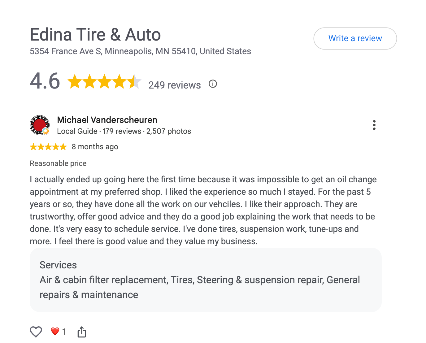 Google review panel for Edina Tire & Auto in Minneapolis, rated 4.6 from 249 reviews. A five-star Local Guide review describes five years of custom, praising the business’s trustworthiness, clear repair advice, convenient scheduling and services including tyres, suspension work and tune-ups.