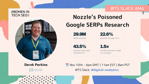 Women in Tech SEO graphic promoting a Slack AMA with Derek Perkins from Nozzle on “Nozzle’s Poisoned Google SERPs Research.” Derek’s photo and the Nozzle logo appear on the left. Key research findings are highlighted: 29.9M SERPs analysed, 22.6% poisoned on page 1 or 2, 43.5% poisoned at the September 30 peak, and poisoning 1.5 times as frequent on page 2 as page 1. The AMA takes place November 10 at 4pm GMT / 11am EST / 8am PST in the WTS Slack #digital-analytics channel, against a colourful abstract background.