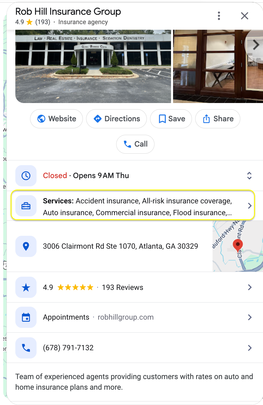 Google Business Profile for Rob Hill Insurance Group in Atlanta, rated 4.9 from 193 reviews. The profile connects the location with its address, opening hours, phone number, appointment link and services including accident, auto, commercial and flood insurance.