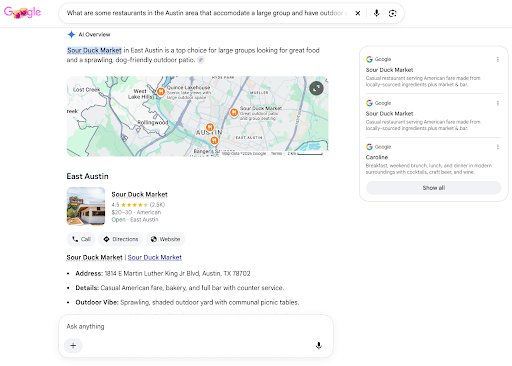 Google AI Overview for a search seeking Austin restaurants suitable for a large group with outdoor seating. It selects Sour Duck Market as the top choice, showing its East Austin location on a map and highlighting its large, shaded outdoor yard with communal picnic tables.
