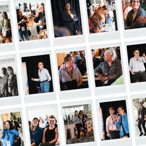 Collage of Polaroid-style photographs from WTSFest, featuring speakers presenting on stage, attendees networking, sharing conversations, smiling, and enjoying the event. The photographs capture the inclusive atmosphere, learning, and community connections at Women in Tech SEO Festival.