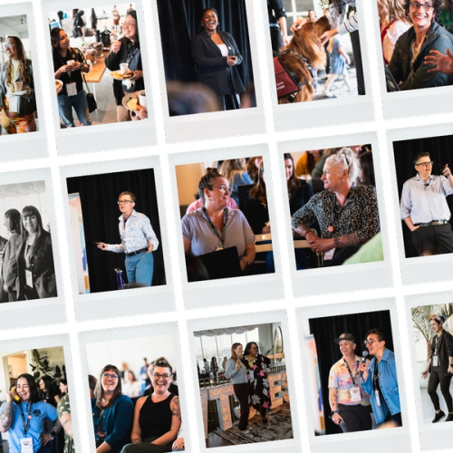 Collage of Polaroid-style photographs from WTSFest, featuring speakers presenting on stage, attendees networking, sharing conversations, smiling, and enjoying the event. The photographs capture the inclusive atmosphere, learning, and community connections at Women in Tech SEO Festival.