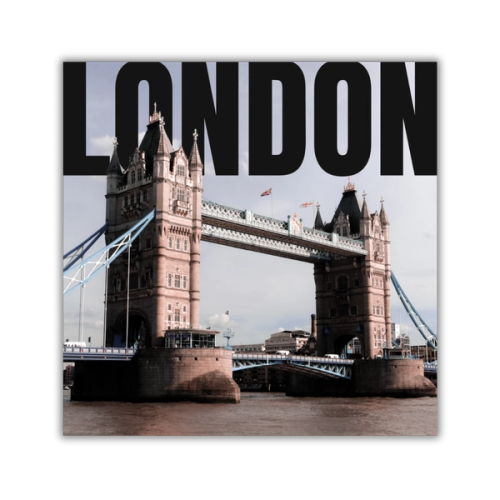 Image of famous London bridge with the word "LONDON" in all caps across the top.