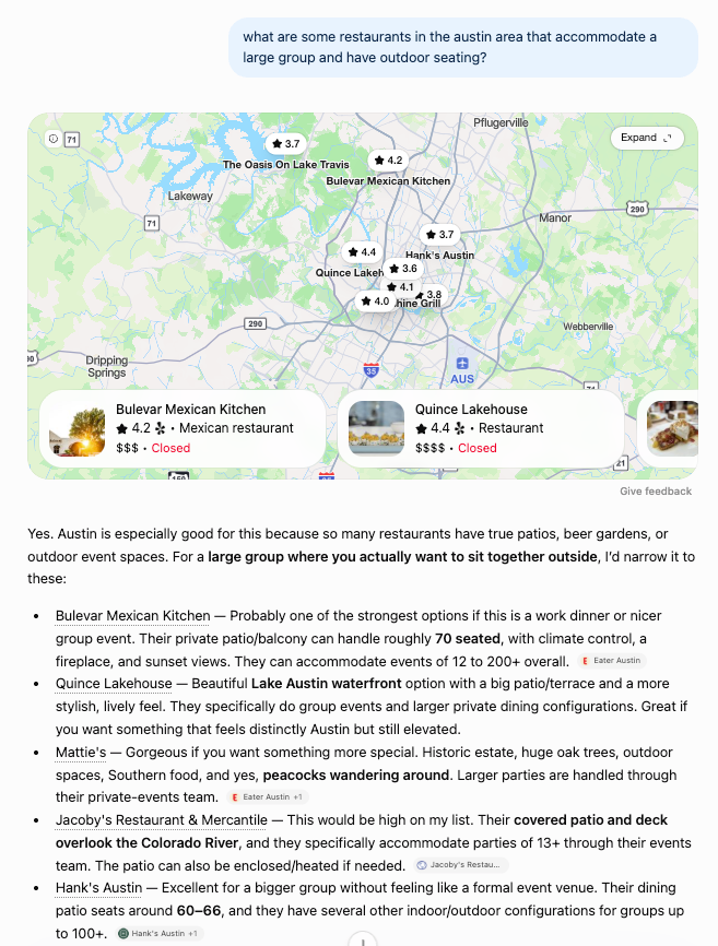 Google AI Mode response to the Austin group-dining search, showing a map and a five-restaurant shortlist: Bulevar Mexican Kitchen, Quince Lakehouse, Mattie’s, Jacoby’s Restaurant & Mercantile and Hank’s Austin. Each recommendation explains relevant features such as patio capacity, waterfront seating or accommodation for large groups.