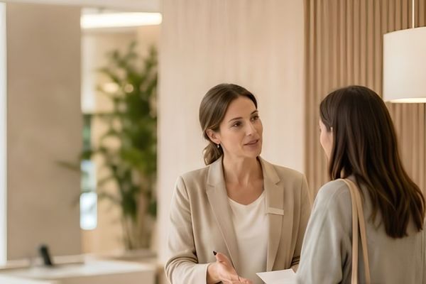 Une femme, réceptionniste dans un établissement, renseigne une cliente.