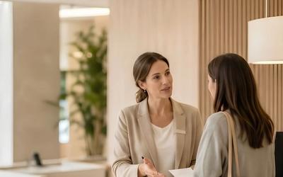 Une femme, réceptionniste dans un établissement, renseigne une cliente.