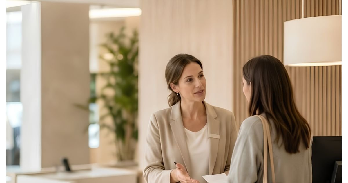 Une réceptionniste est derrière un comptoir dans un hall d'accueil et elle renseigne une cliente.