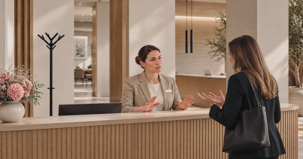 Deux femmes, une hôtesse d'accueil et une cliente échangent. La cliente semble énervée. L'hôtesse tente de la calmer. Un portemanteau ARA est à proximité d'elle.
