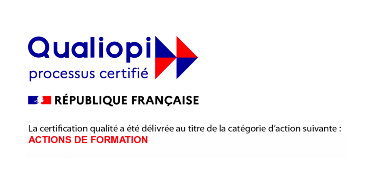 Logo bleu et rouge Qualiopi délivré pour la certification : Actions de formation