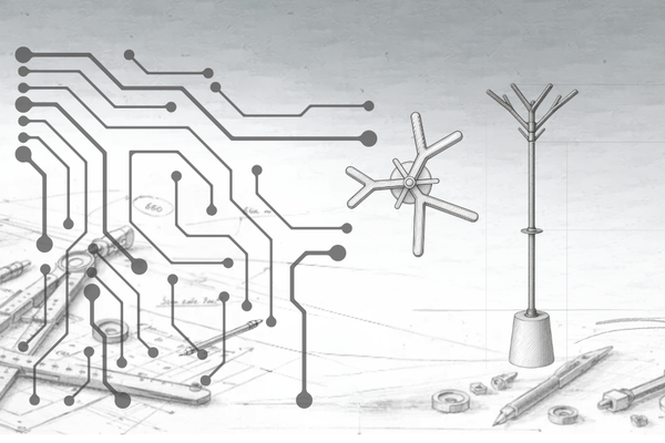 Croquis du portemanteau ARA et de ses branches. A ses côtés, figurent une puce électronique et des outils de dessin et conception.