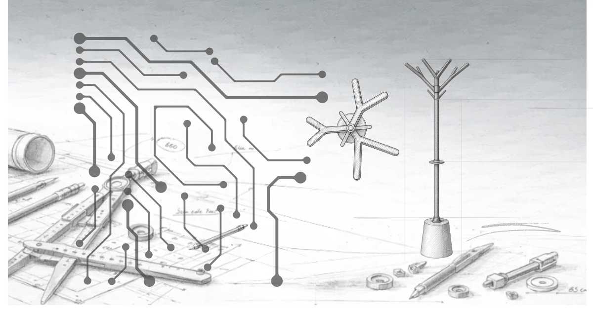 Schéma du portemanteau ARA et de ses branches. En fond, des outils de dessin et des circuits de puce électronique.
