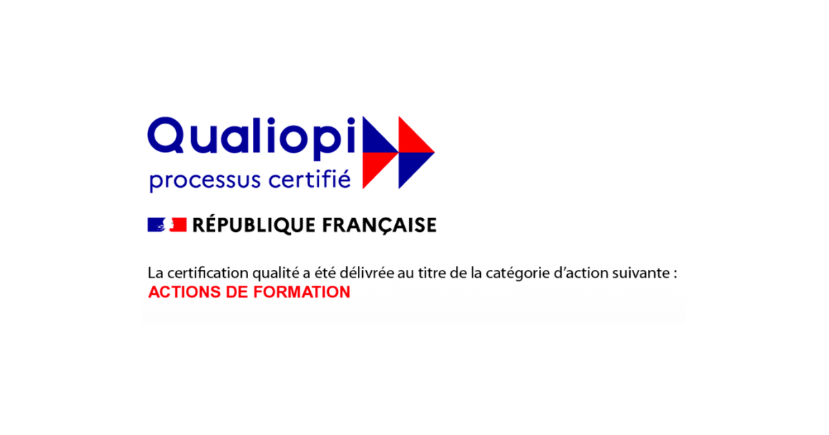 Image du logo officiel Qualiopi précisant la certification délivrée : Actions de formation
