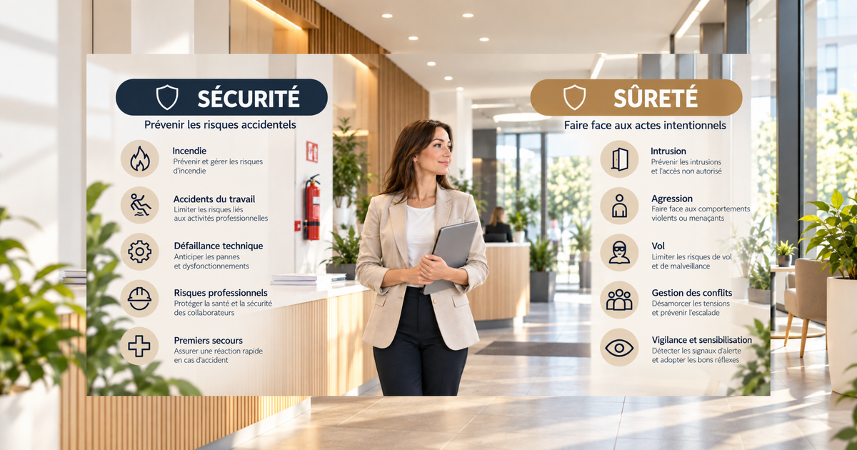 Jeune femme portant un dossier avec son bras gauche, circulant dans le hall d'une grande entreprise. De chaque côté de la photo, sont présentées les différences entre sécurité et sûreté.