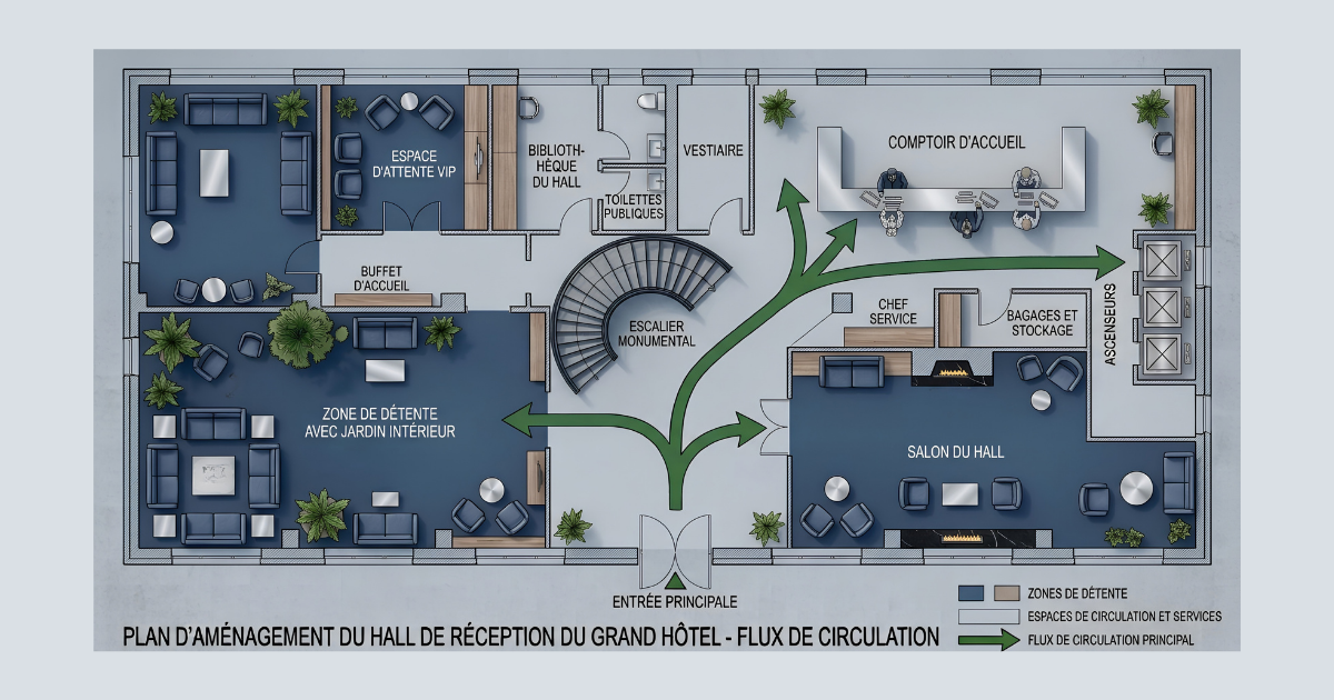 Plan d'un hall d'hôtel avec des flèches pour indiquer les sens de circulation afin d'analyser les lieux et déterminer l'emplacement et le nombre de portemanteaux ARA nécessaire.