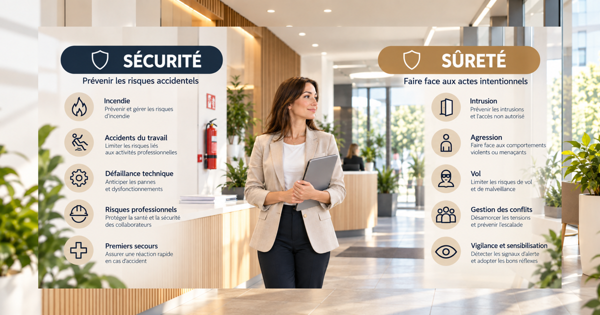 Employée d'une grande entreprise marchant dans un hall, un dossier dans les bras. Deux colonnes, l'une sur la sécurité, l'autre sur la sûreté, décrivent les différences entre les deux notions. 