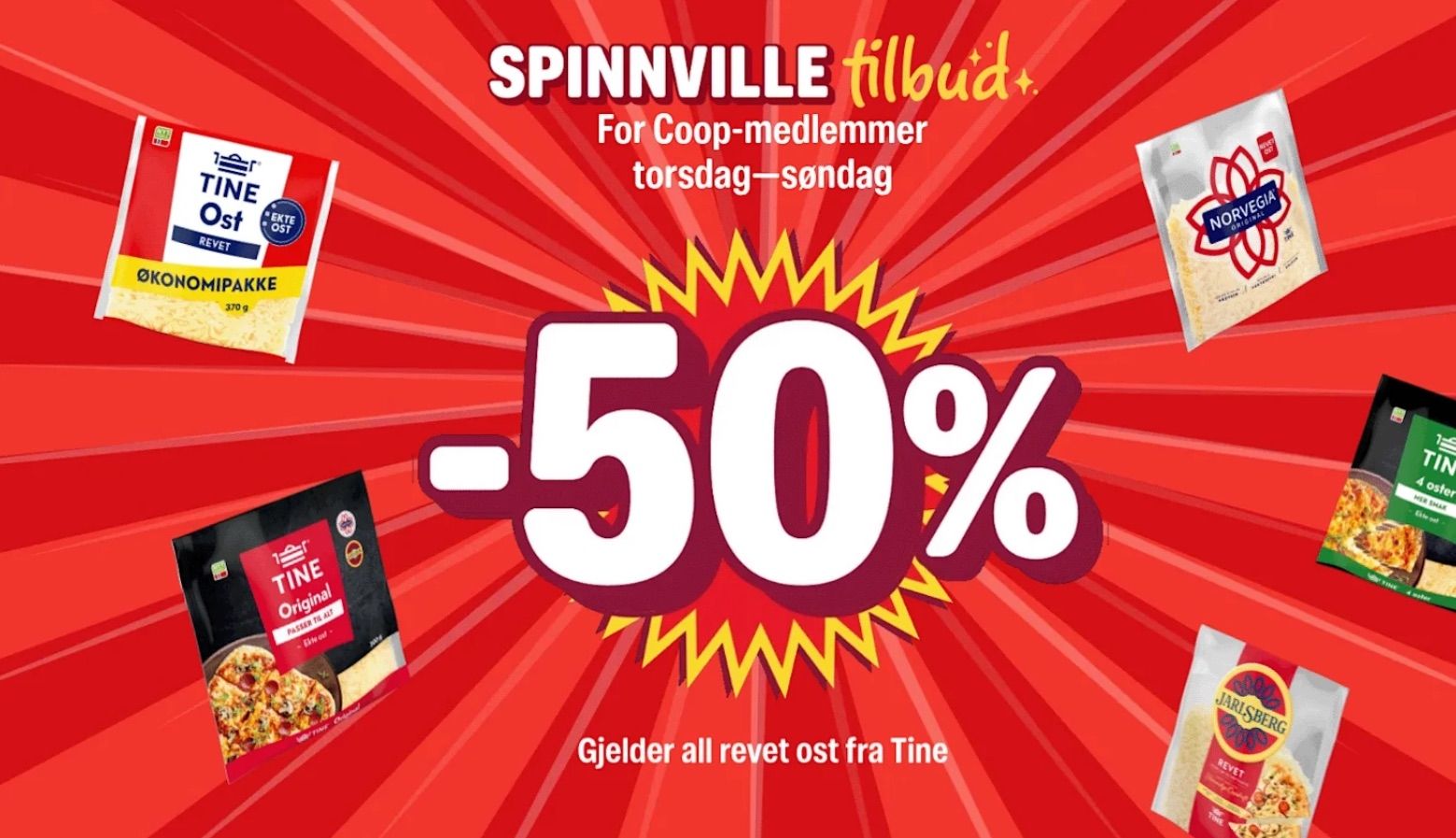 Spinnvilt tilbud hos Extra: -50% på all revet ost fra Tine