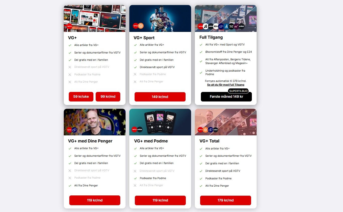 I dette tidsbegrensede tilbudet fra VG+ får du tilgang til alt innhold de tilbyr; inkludert VG+ Sport, VGTV, Podme, Dine Penger, E24, Aftenposten, Bergens Tidende, Stavanger Aftenblad og Magasin+.